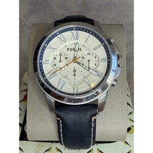 Fossil FS4925 Grant Chronograph Watch Blue Leather Roman Dial 44mm 5ATM